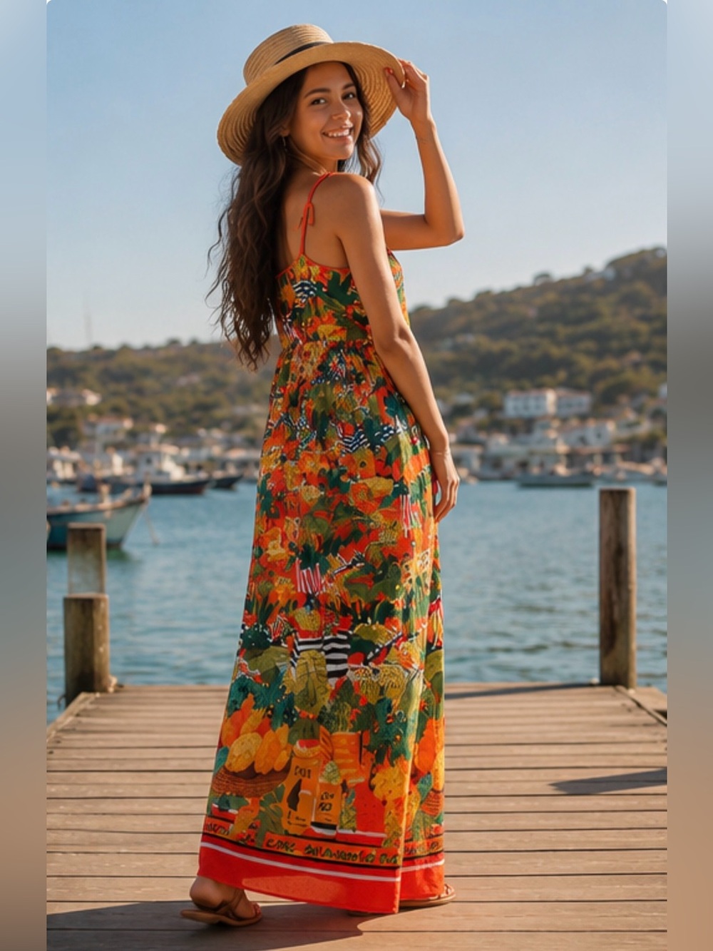 FARM Rio Orange Tropical Fruit-Print Maxi Skirt
